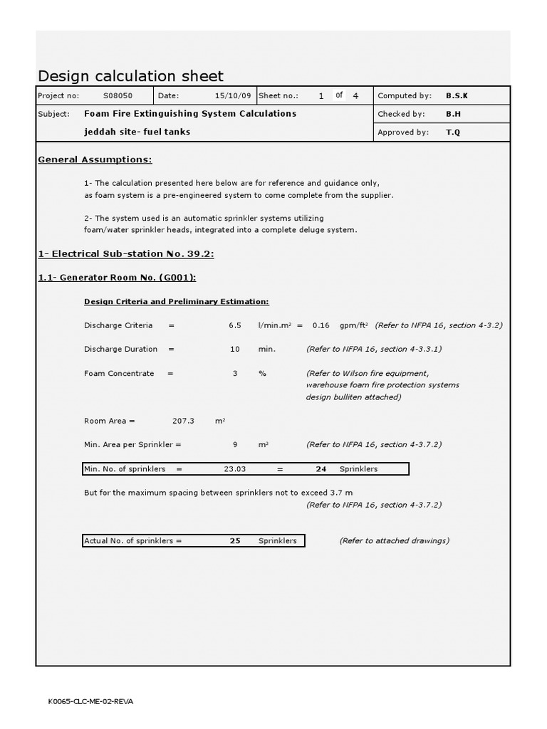 Design Calculation Sheet: General Assumptions | PDF | Fire Sprinkler ...
