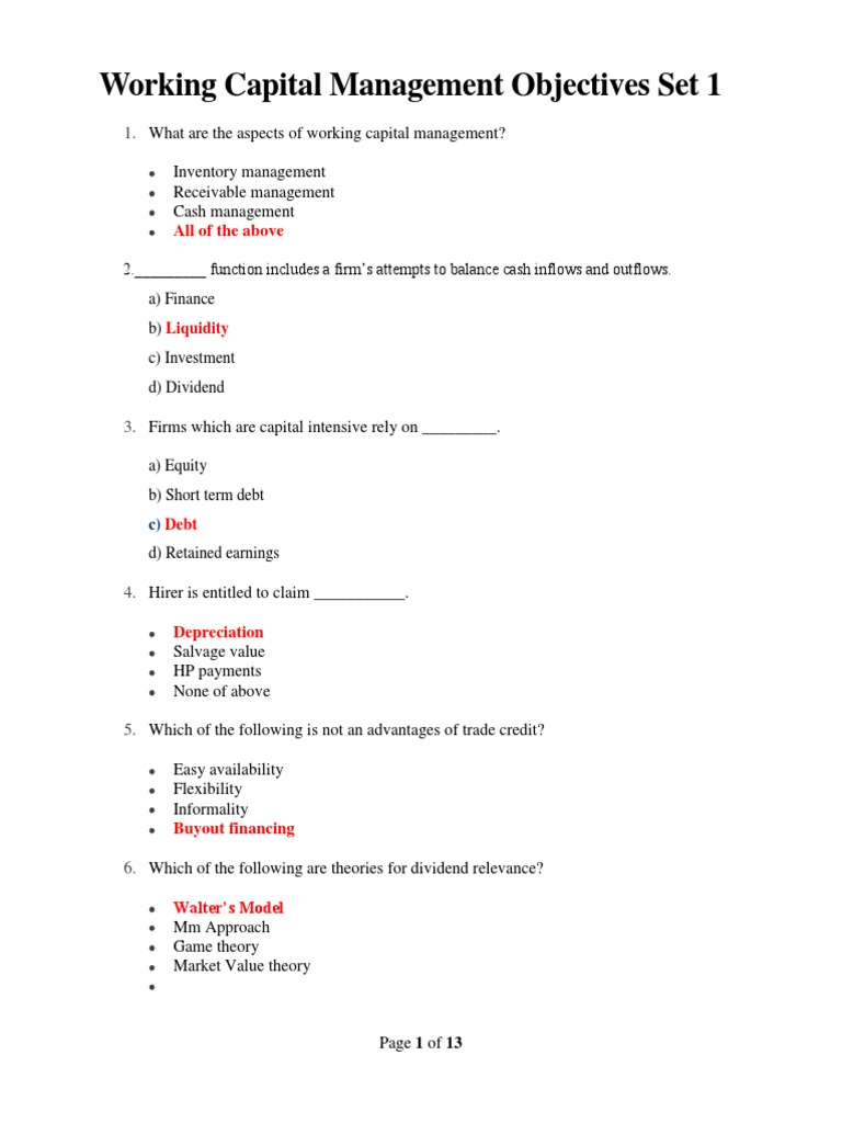 Working Capital Management Objectives Set 1 Mcqs PDF Dividend