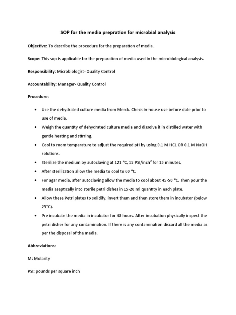 SOP For The Media Prepration For Microbial Analysis PDF