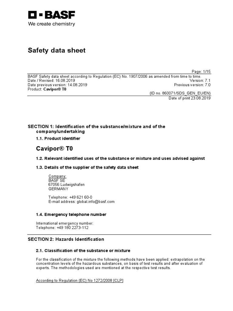 Safety Data Sheet: Cavipor® T0 | PDF | Dangerous Goods | Working Conditions