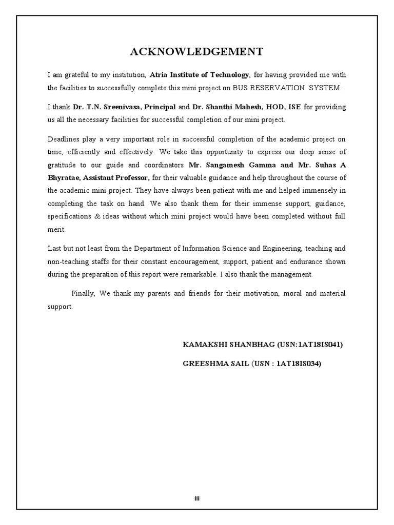 Acknowledgement for Mini Project Completion | PDF