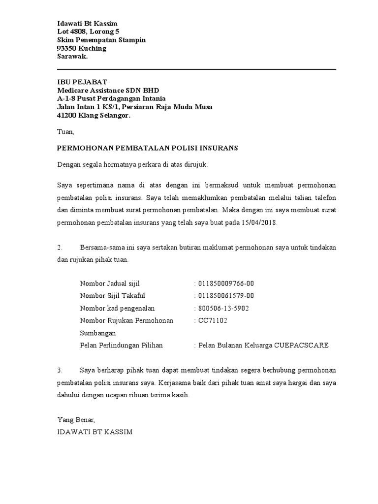 Permohonan Pembatalan Insurans CUEPACS | PDF
