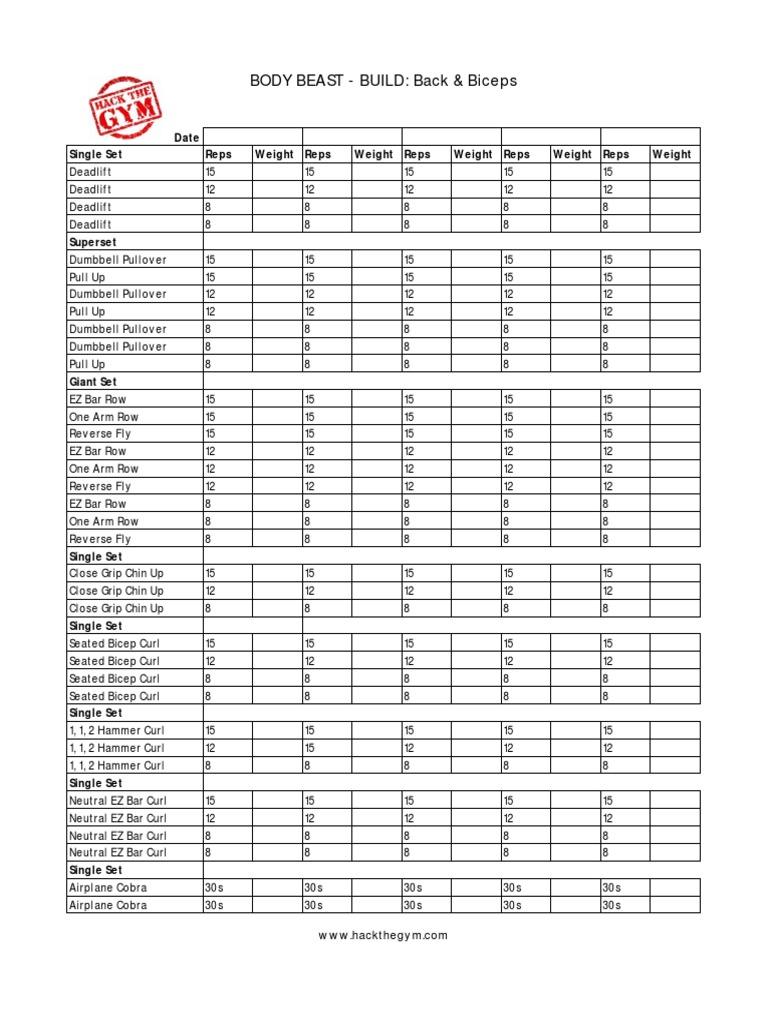 BodyBeast Build Back and Biceps Workout Sheet PDF Weight Training Human Body
