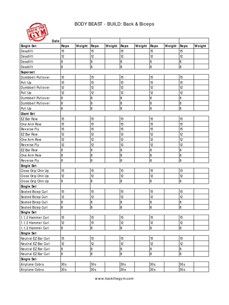 BodyBeast Build - Back and Biceps Workout Sheet, PDF, Weight Training