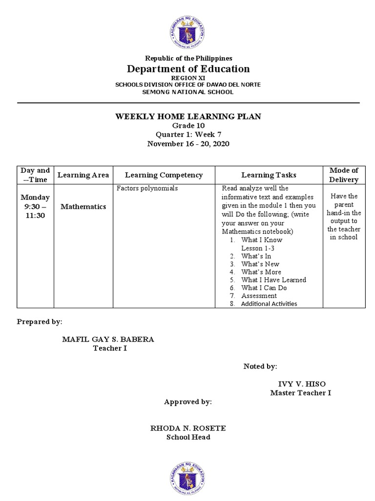 Grade 10 Weekly Learning Plan | PDF | Rubric (Academic) | Learning