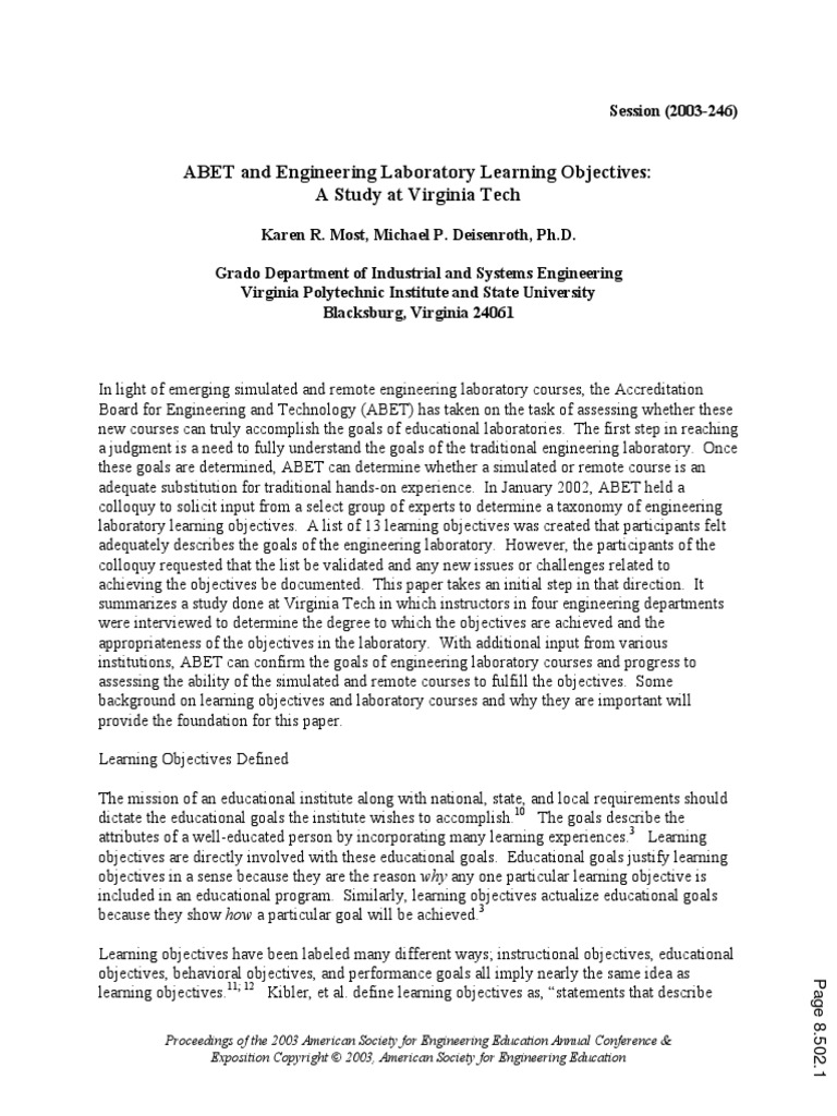 ABET and Engineering Laboratory Learning Objectives: A Study at ...