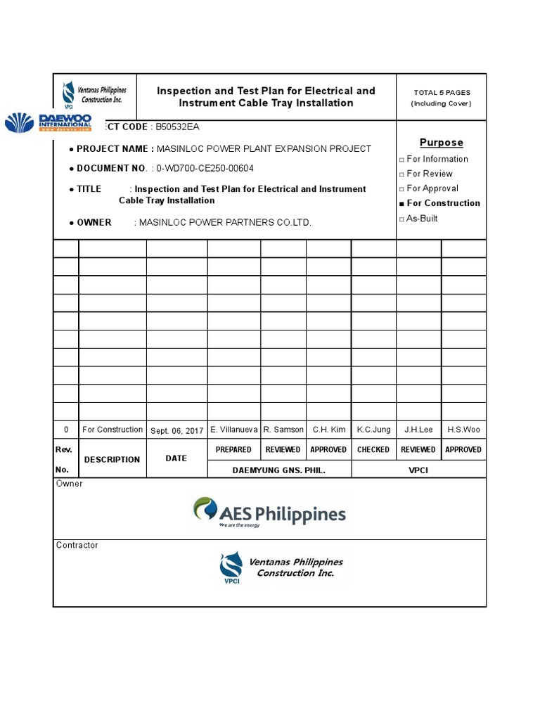 Cable Tray Installation Inspection Plan | PDF | Manufactured Goods
