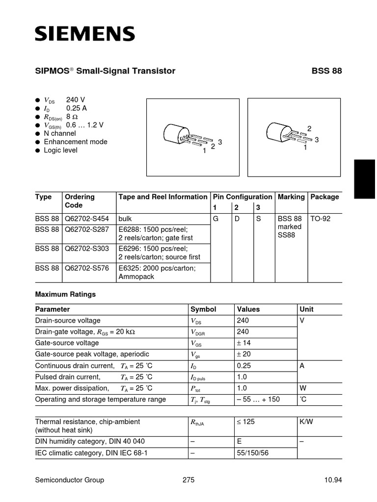 Sipmos Small-Signal Transistor BSS 88: V I R V | PDF | Field Effect ...