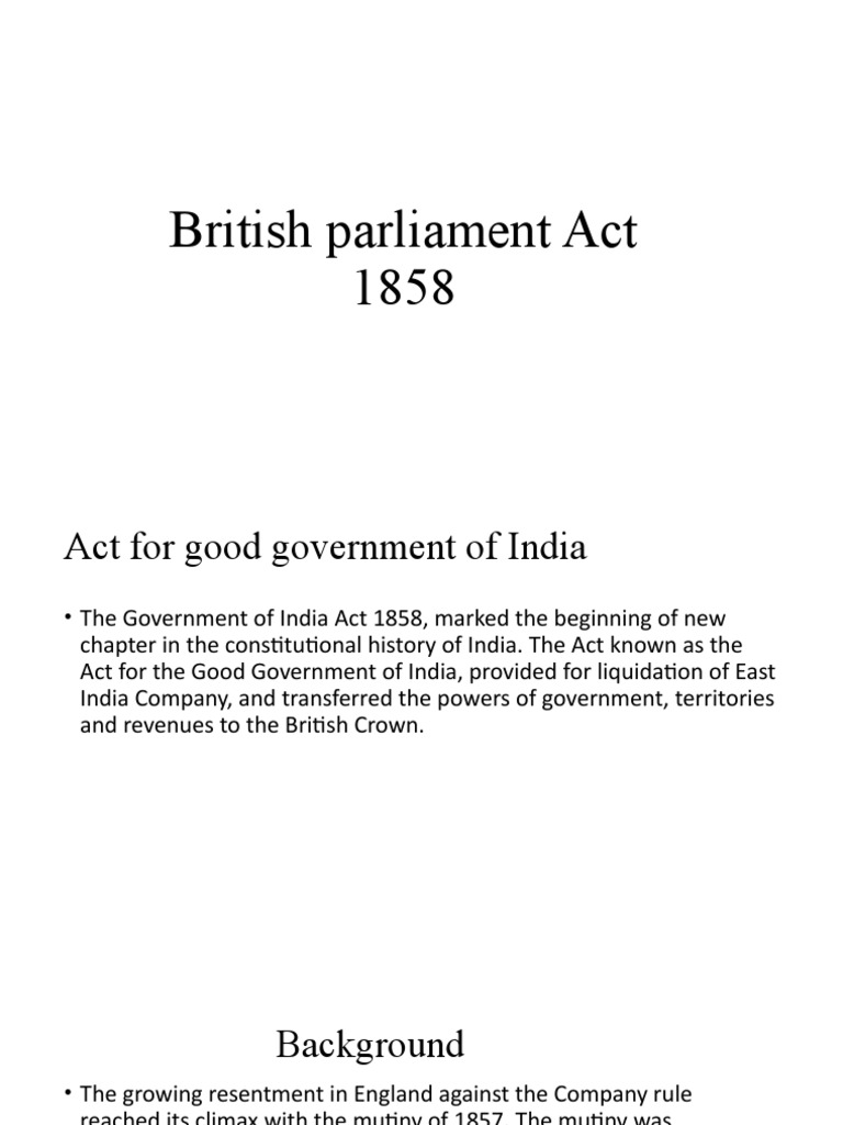 British Parliament Act 1858 PDF Government Of India British Raj