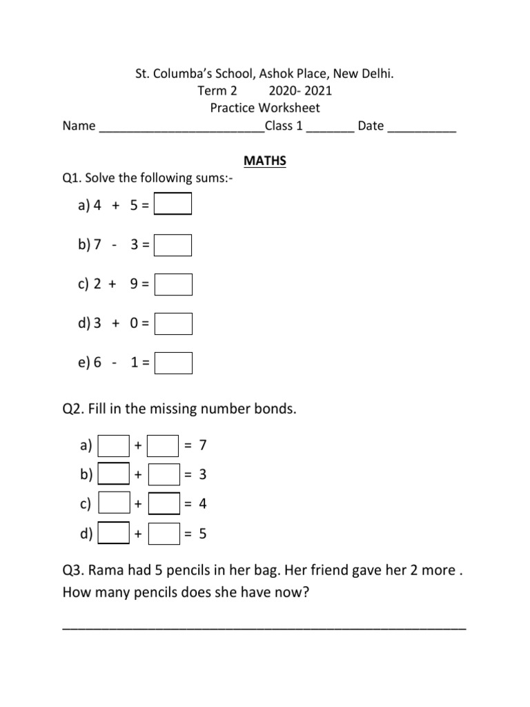 Class 1 Maths Practice Worksheet | PDF