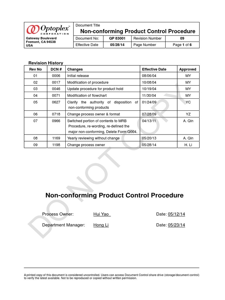 QP 83001 Rev 09 Non-Conforming Material Control Procedure | PDF ...