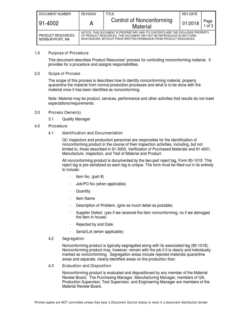 Nonconforming Material Control Procedure | PDF | Business