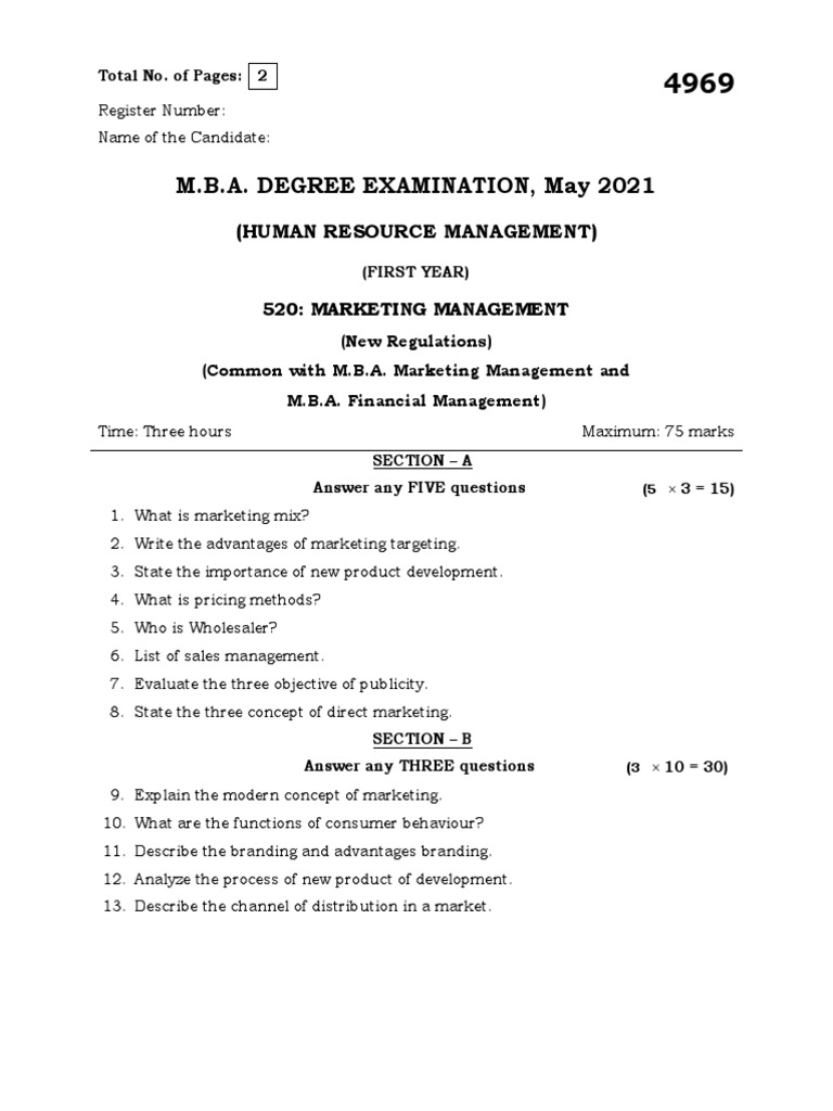 MBA Marketing Management Exam Questions | PDF | Business | Finance ...