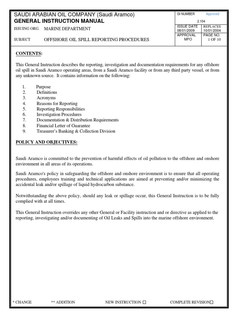 0002 104 Offshore Oil Spill Reporting Procedures PDF Oil Spill