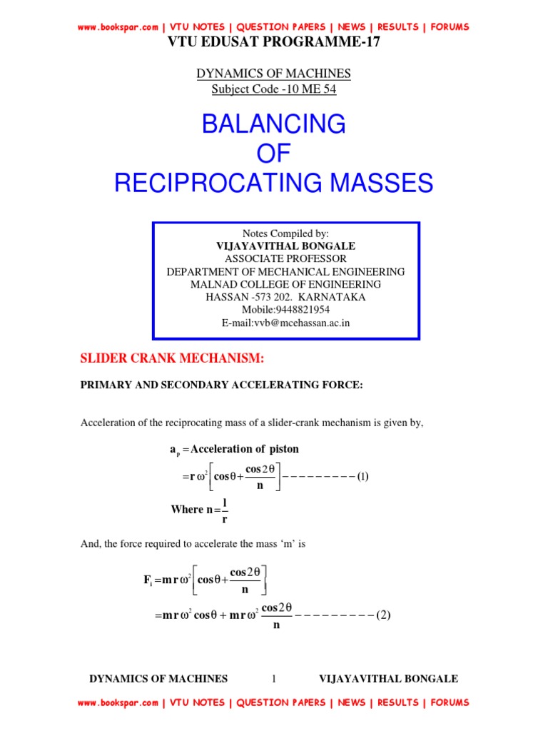 Unit 5 Balancing of RECIPROCATING MASSES | PDF | Force | Engines