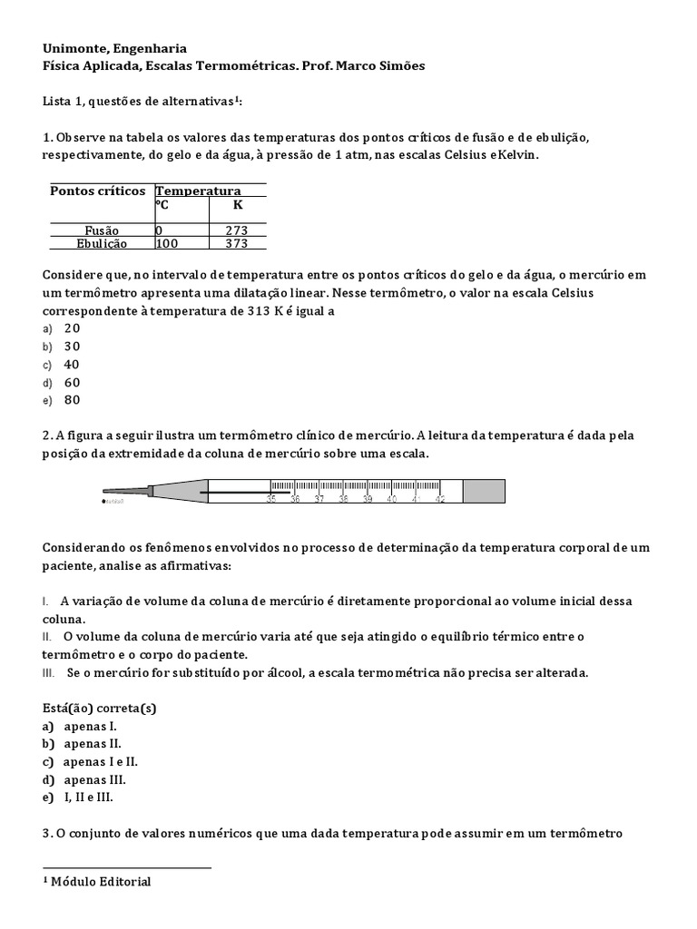 Exercícios - Lista 1, Escalas Termométricas | PDF | Termômetro | Celsius