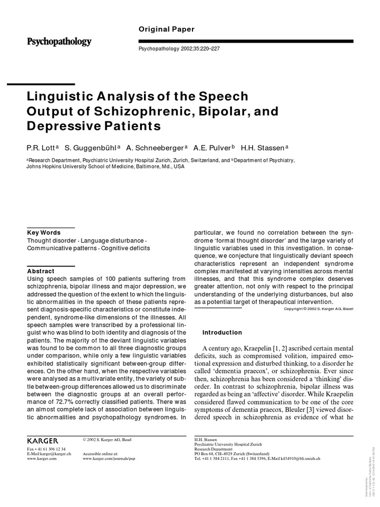2002 - Linguistic Analysis of The Speech Output of Schizophrenic | PDF ...