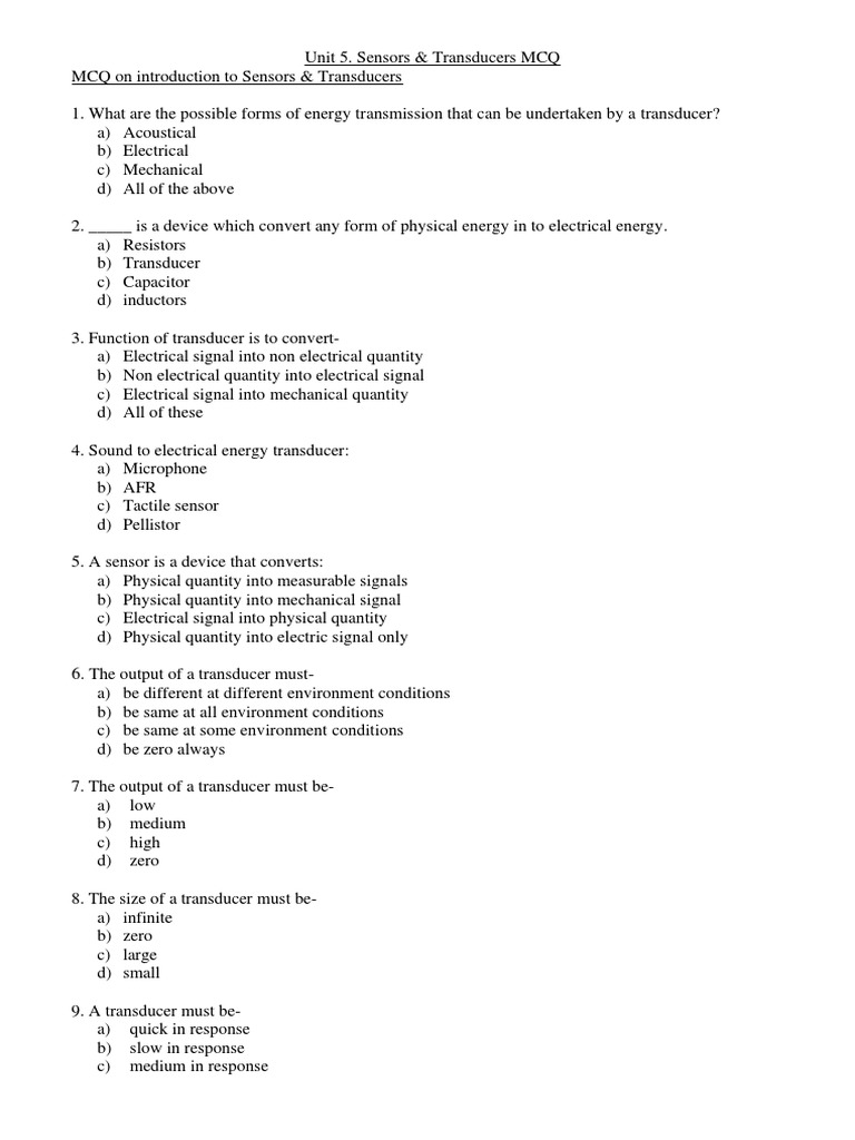 Sensors and Transducers MCQ Guide | PDF | Thermocouple | Piezoelectricity