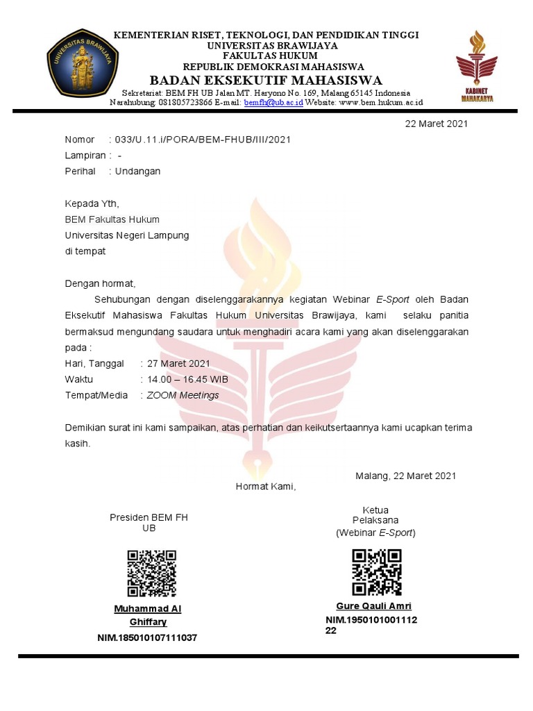 Undangan Webinar E-Sport BEM FH UB | PDF