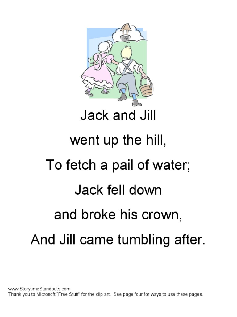 Jack and Jill Went Up The Hill, To Fetch A Pail of Water Jack Fell Down
