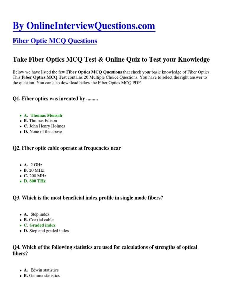 Fiber Optic MCQ Questions Take Fiber Optics MCQ Test & Online Quiz To Test Your Knowledge PDF