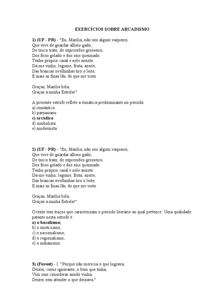 Exercícios Sobre Arcadismo | PDF | Romantismo | Poesia