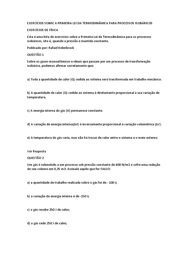 Exercícios Sobre A Primeira Lei Da Termodinâmica para Processos ...