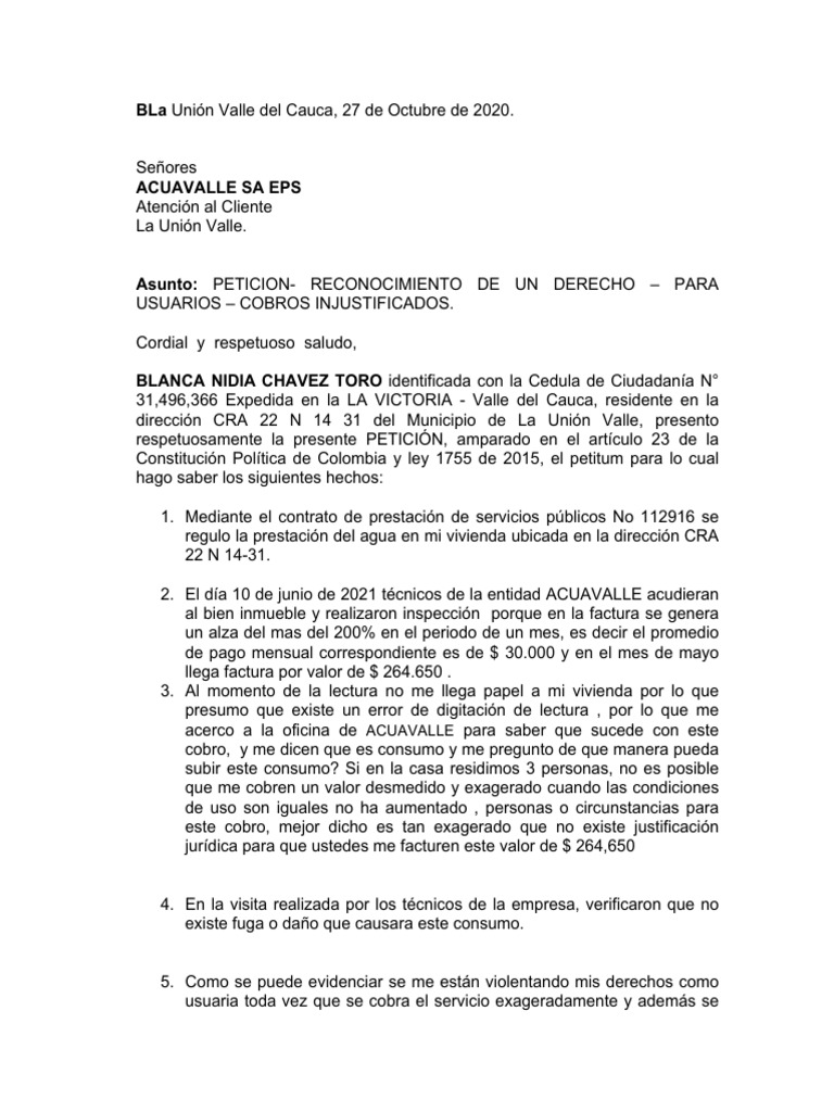 Reclamo por Cobro Excesivo de Agua | PDF | Servicios públicos | Justicia