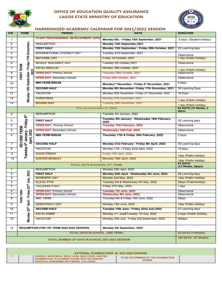 Lagos State Schools 2021 2022 Academic Calendar PDF Academic Term Test/Examination