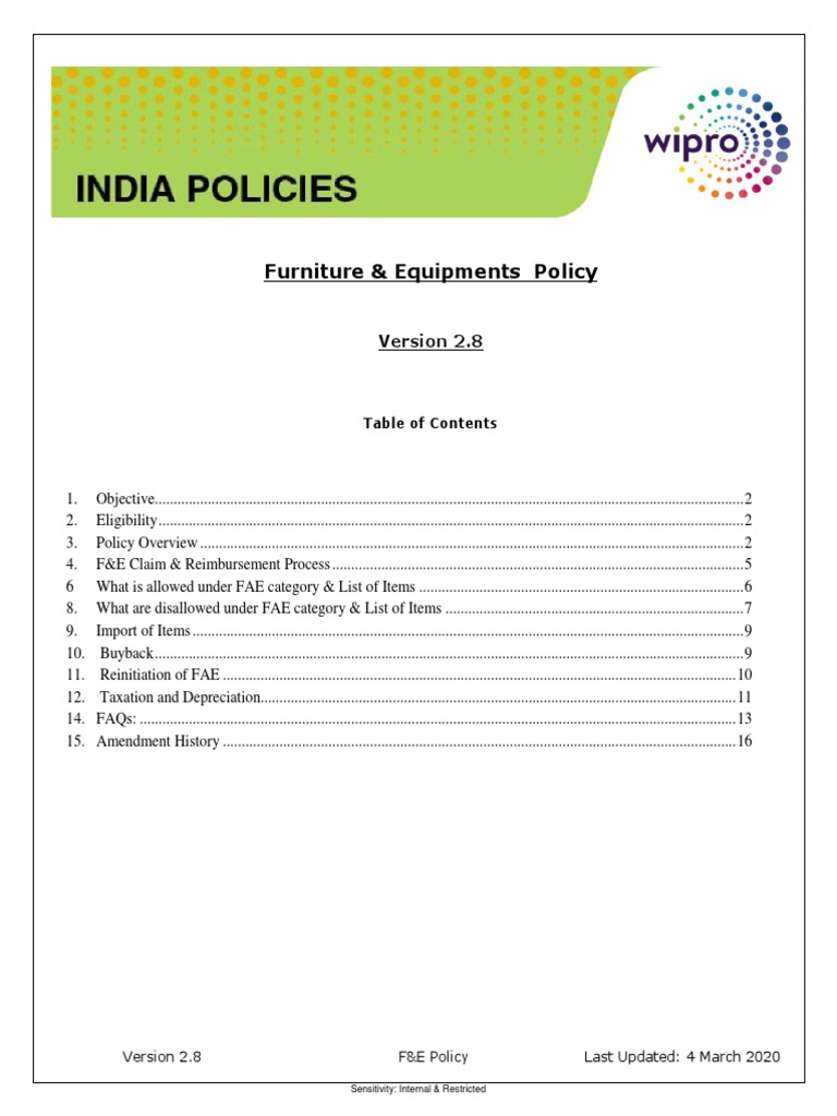 Wipro Furniture & Equipment Policy Guide | PDF | Employee Benefits ...