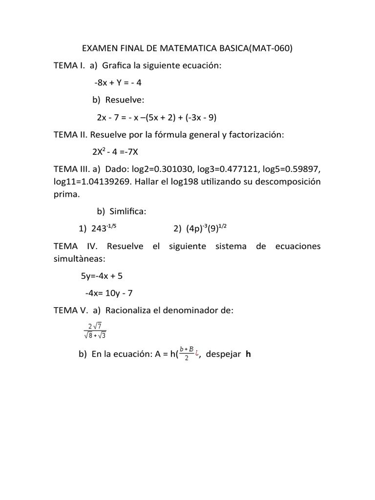 Examen Final de Matematica Basica | PDF