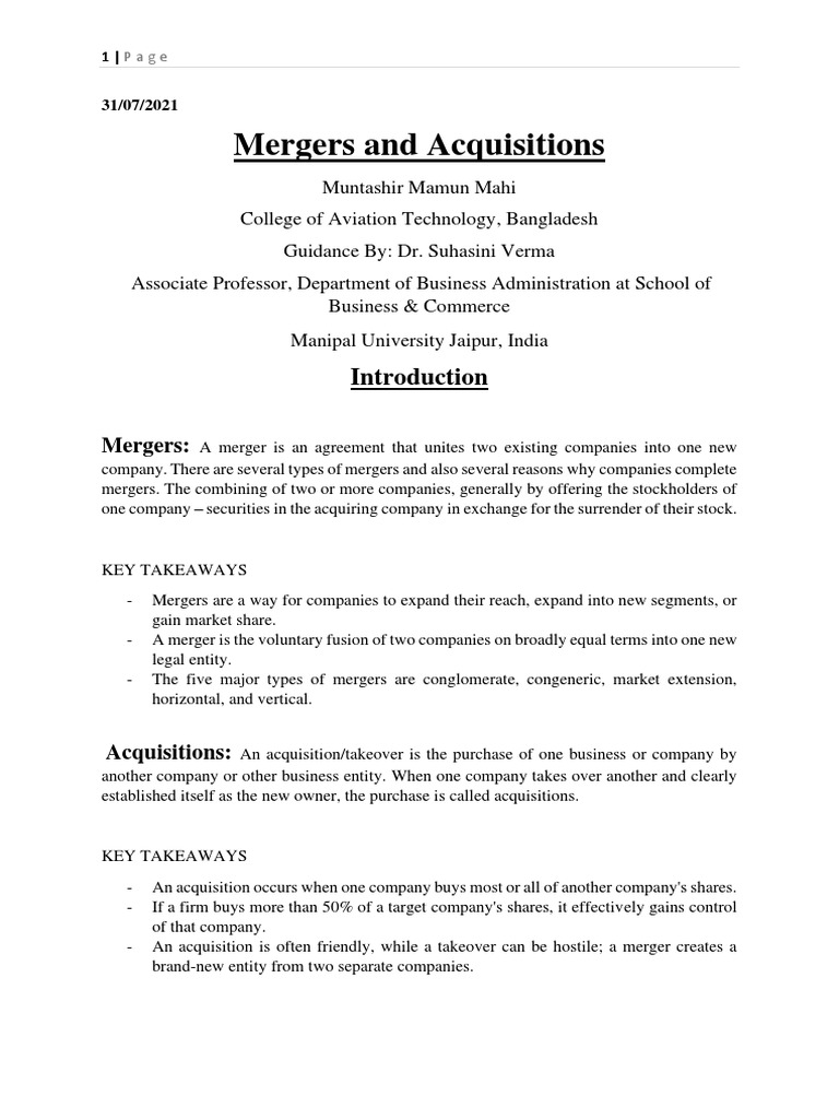 Overview of Mergers and Acquisitions | PDF | Takeover | Mergers And ...