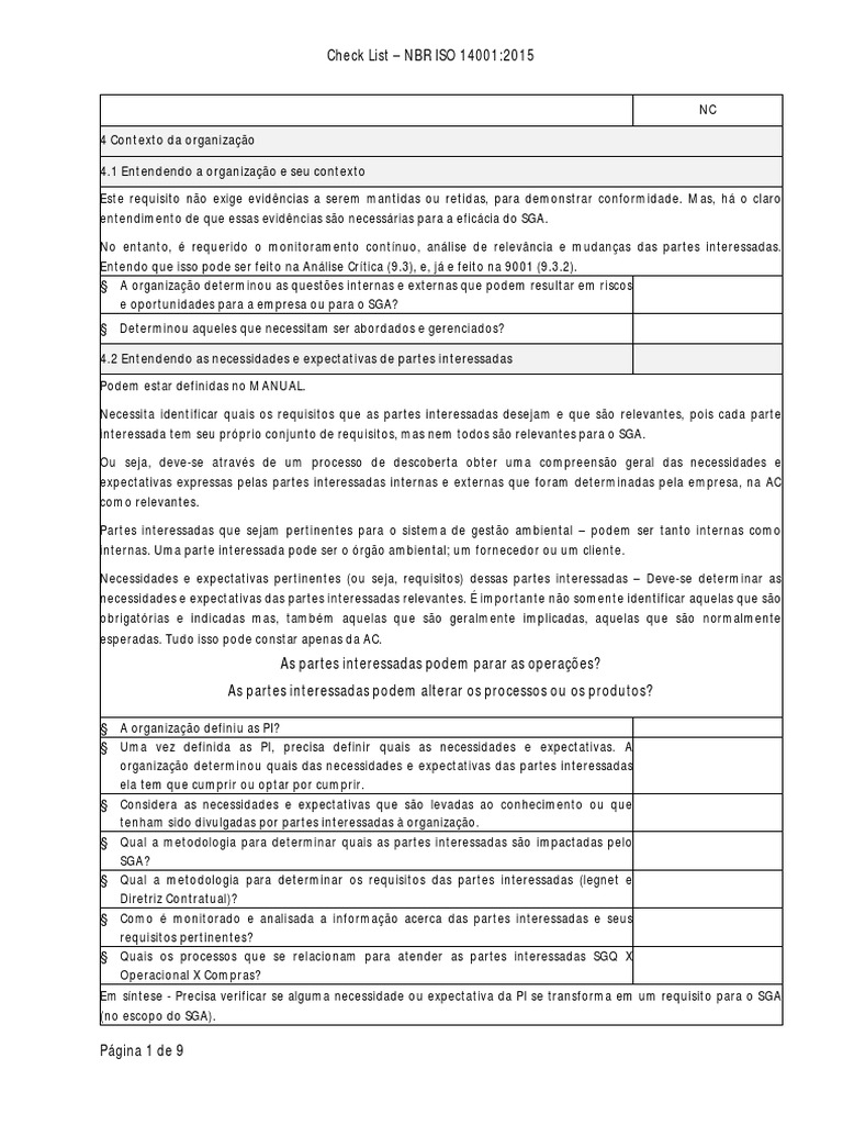 Check List NBR ISO 14001:2015 | PDF | ISO 9000 | Processo de negócios