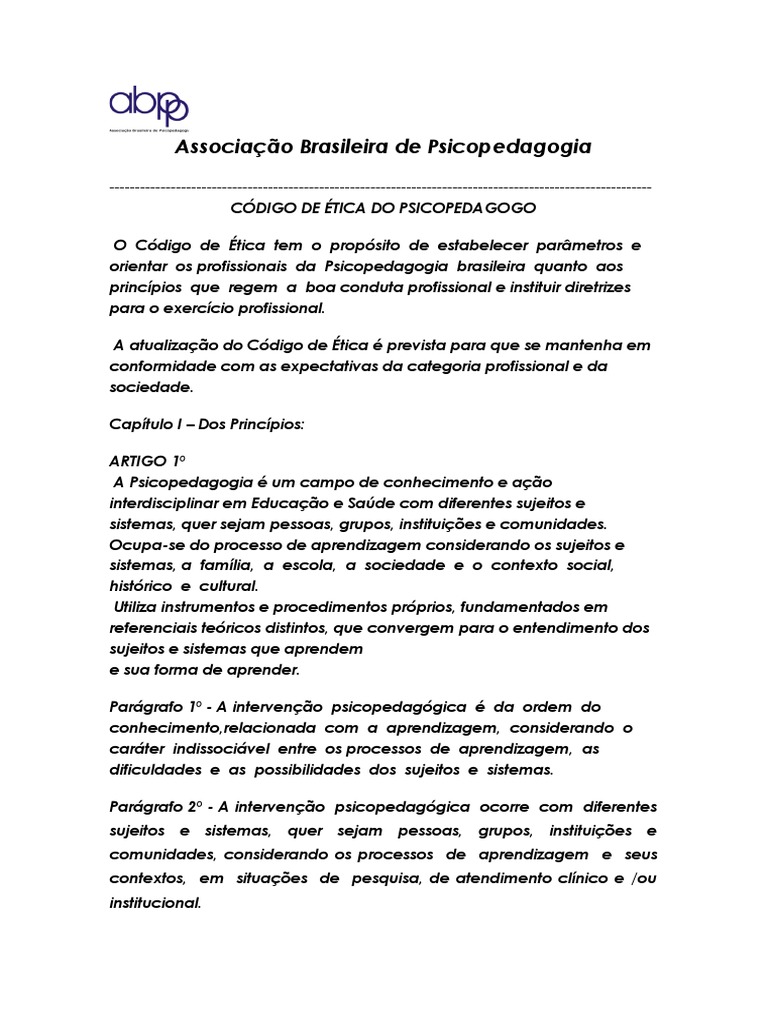 Código de Ética Do Psicopedagogo | PDF | Aprendizado | Sociologia