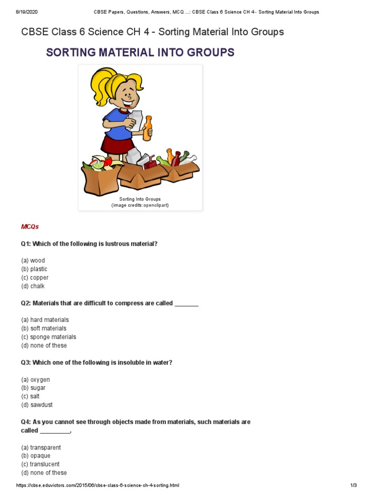 CBSE Papers, Questions, Answers, MCQ CBSE Class 6 Science CH 4