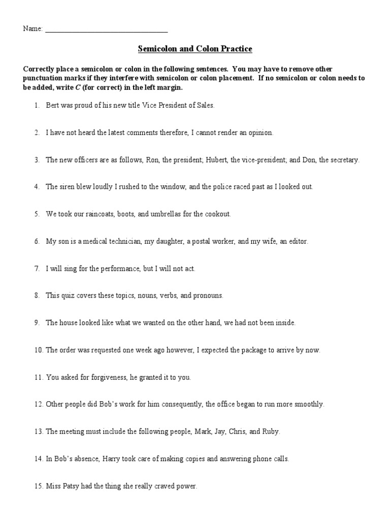 Semicolon Colon Practice Worksheet  PDF  Intended For Semicolon And Colon Worksheet