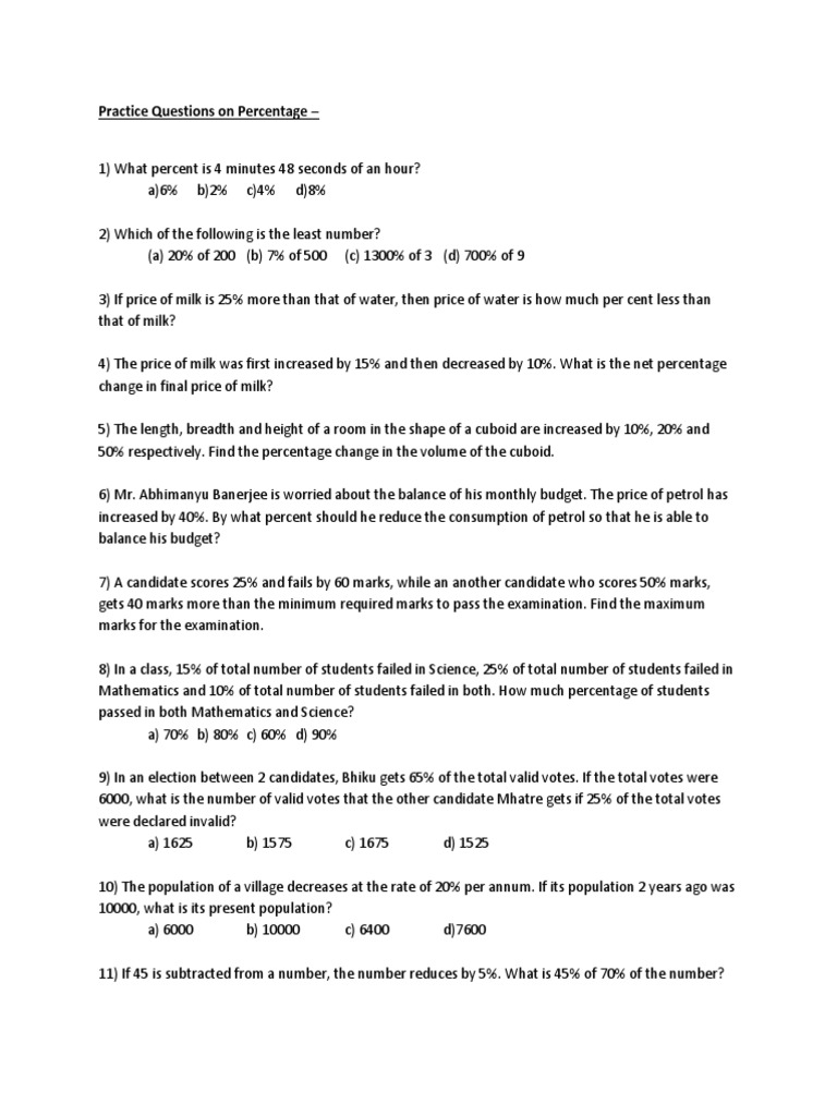 Percentage Practice Questions for Students | PDF | Business | Social ...