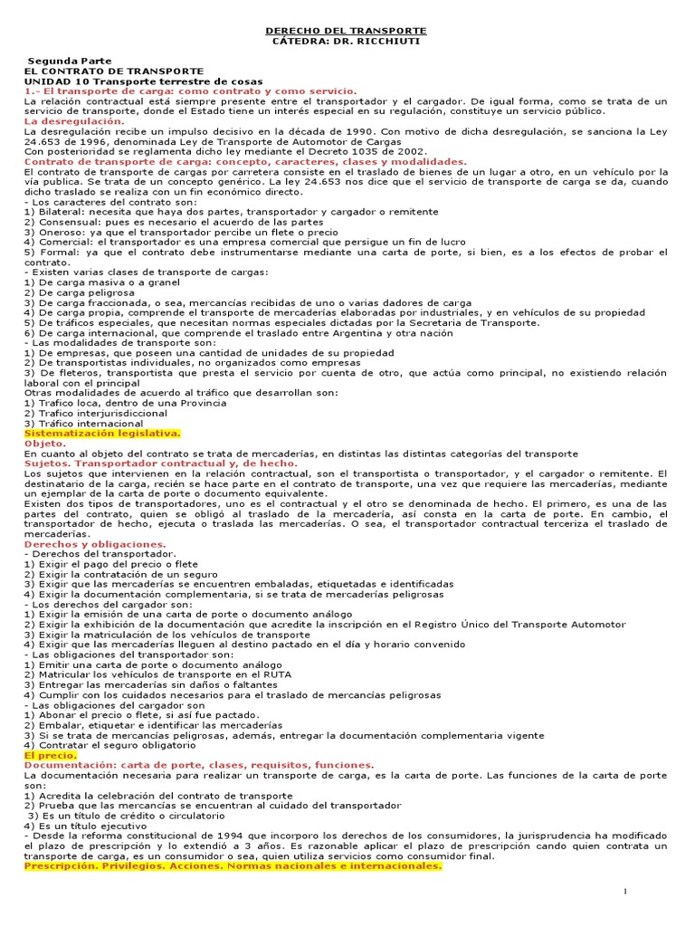 Derecho Del Transporte Cátedra: Dr. Ricchiuti | PDF | Guía de carga ...