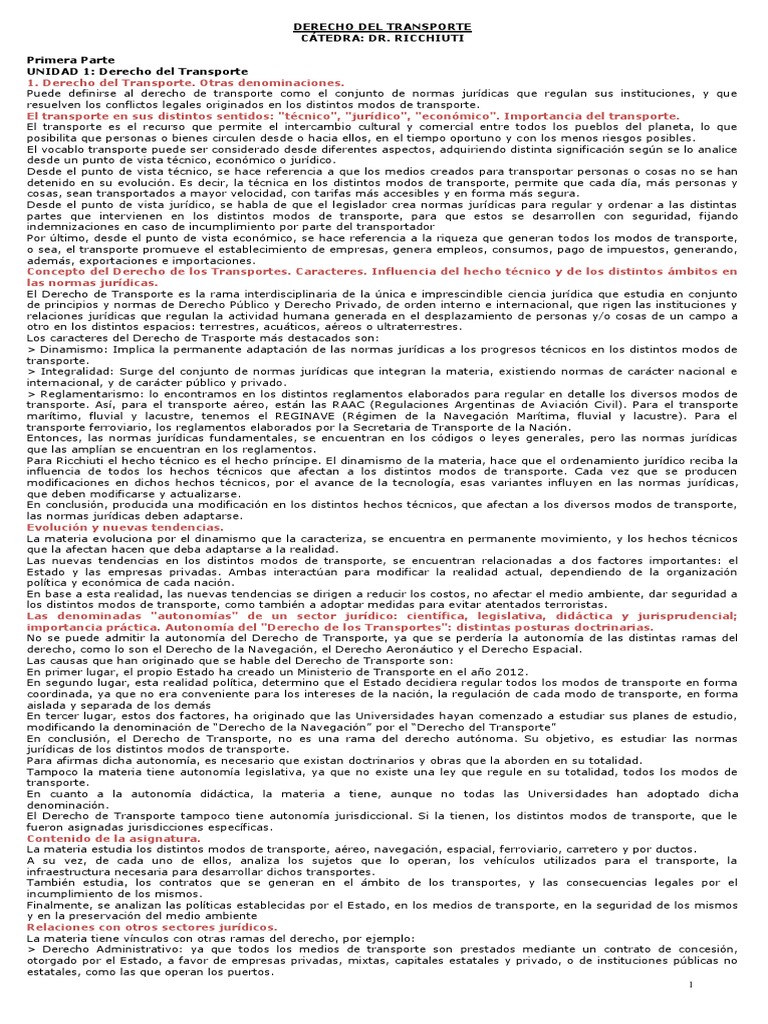 Derecho Del Transporte Cátedra: Dr. Ricchiuti | PDF | Transporte | Ley ...