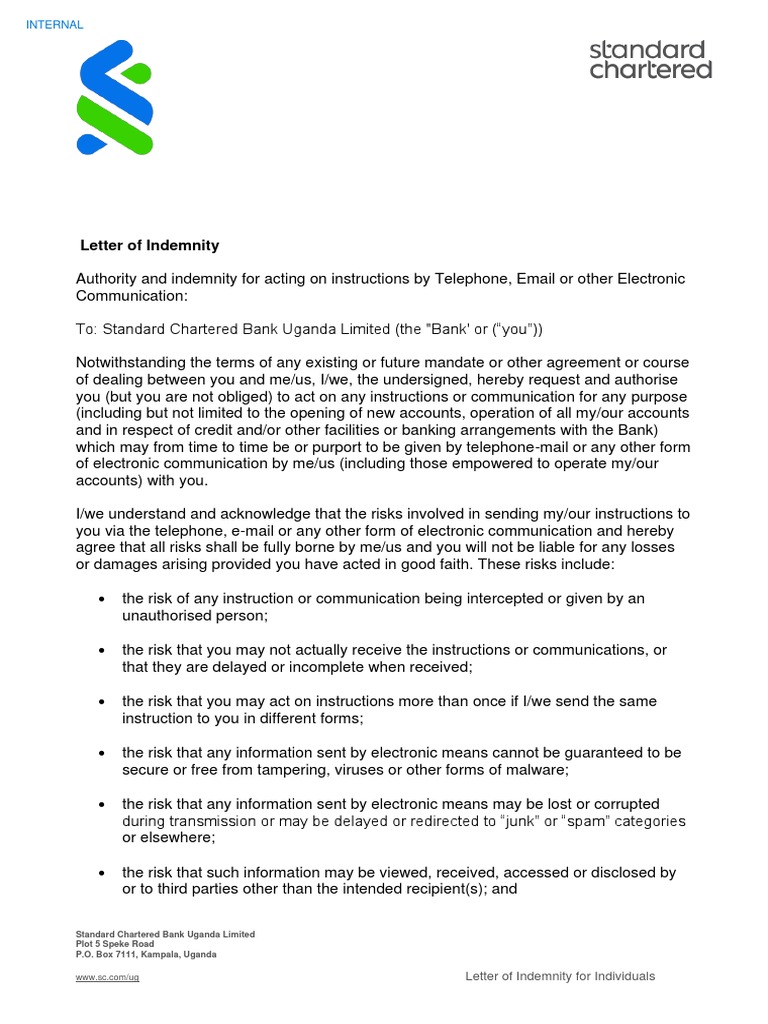 Indemnity Letter for Electronic Banking | PDF | Email Address | Indemnity