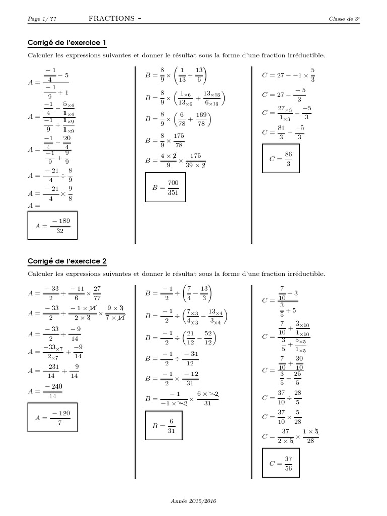 Fraction 4ème Exercice Corrigé Pdf