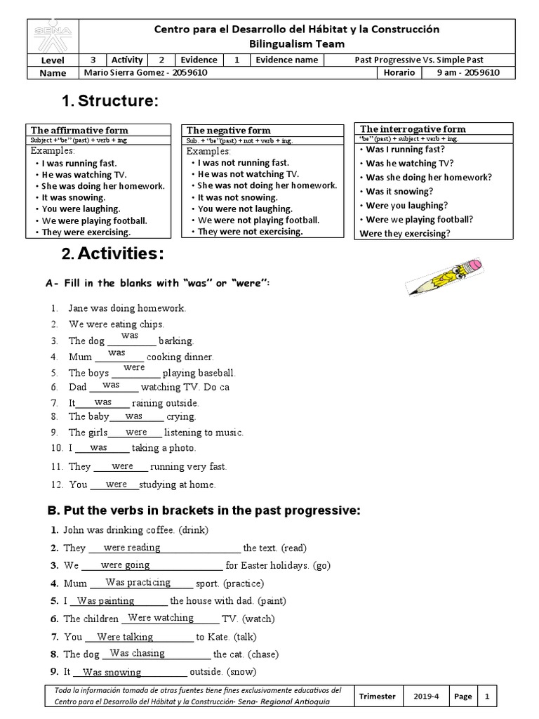 Past Progressive Structure and Activities | PDF | Grammar