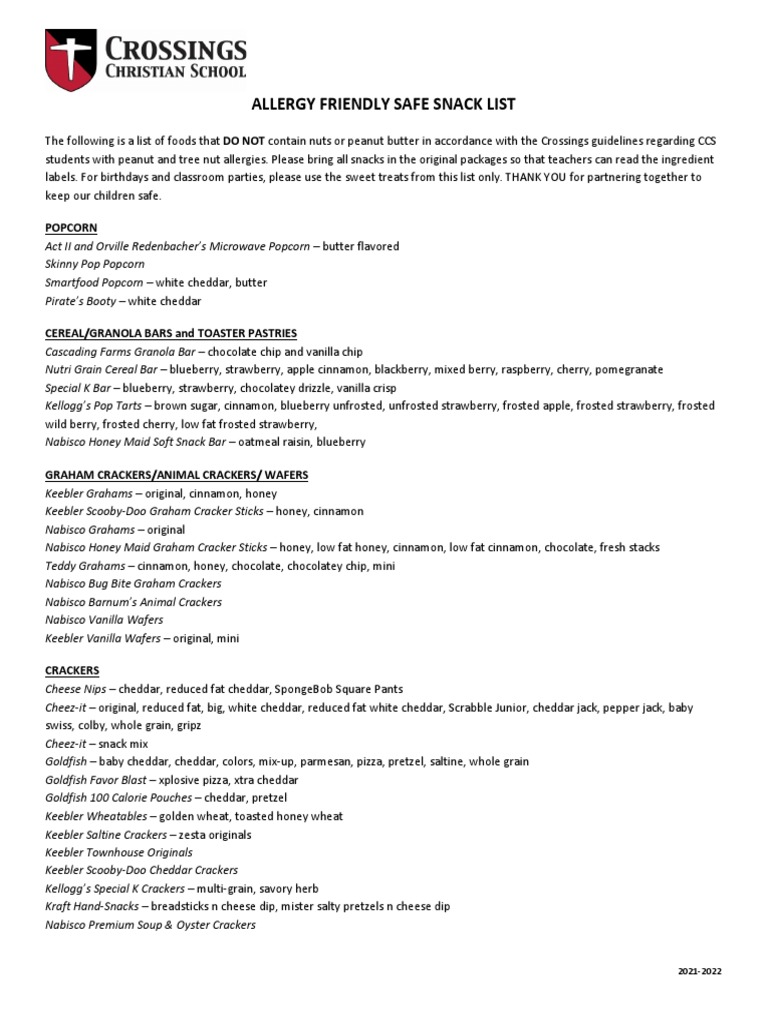 Safe Snack List 2021-2022 | PDF | Food Industry | Snack Food
