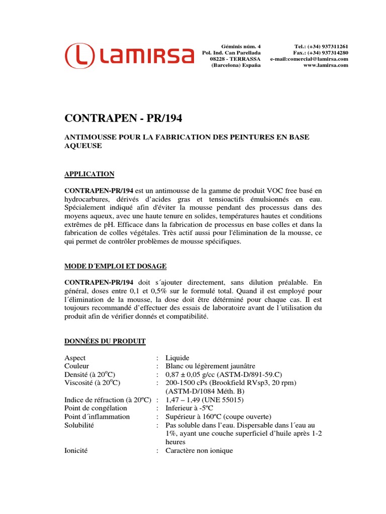 Antimousse Contrapen-PR/194 pour Peintures | PDF | Sciences physiques ...