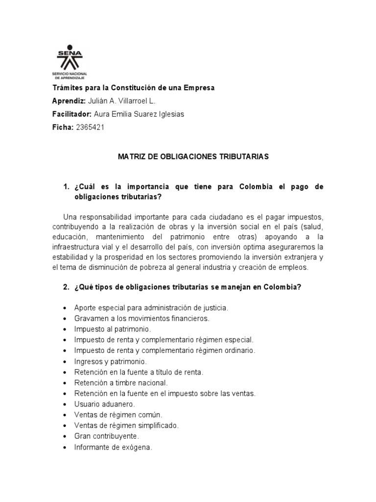 Obligaciones Tributarias en Colombia | PDF | Impuestos | Impuesto sobre ...