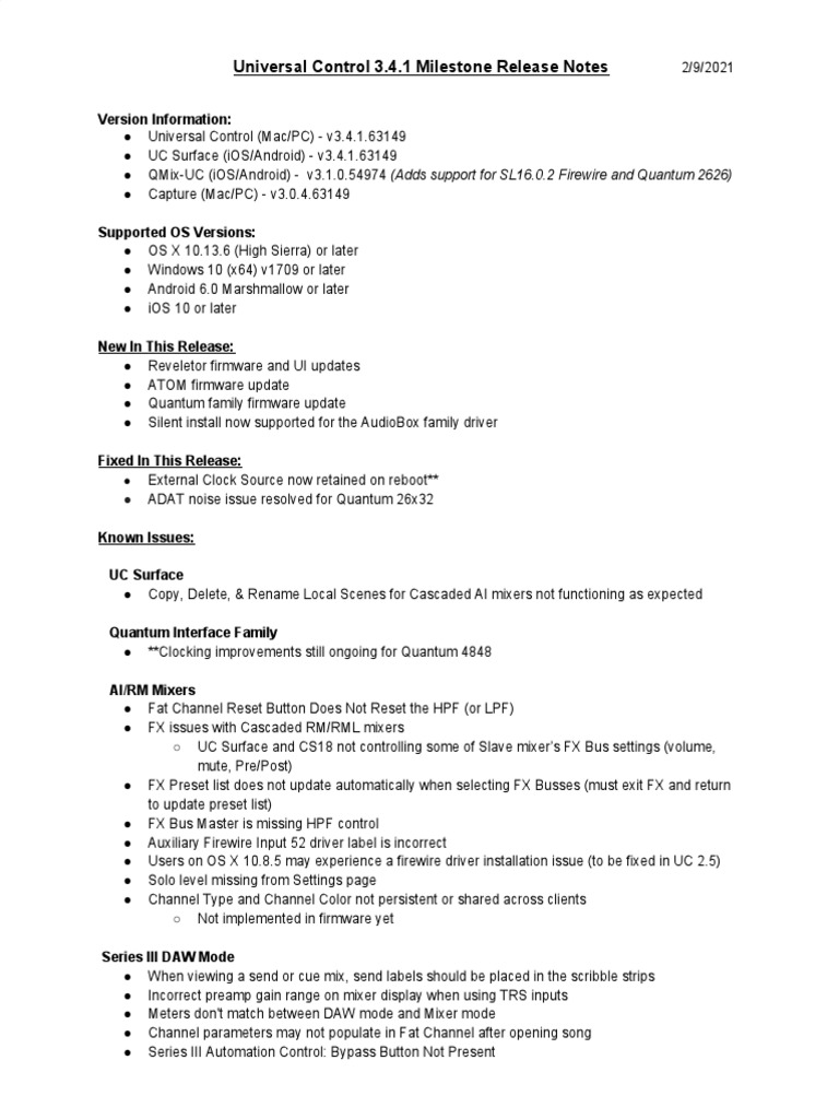 Universal Control 3.4.1 Milestone Release Notes: Version Information ...