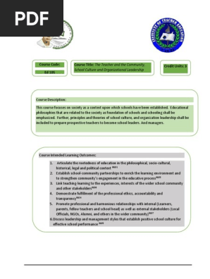 ED 105 The Teacher and Community, School Culture and organizational leadership 