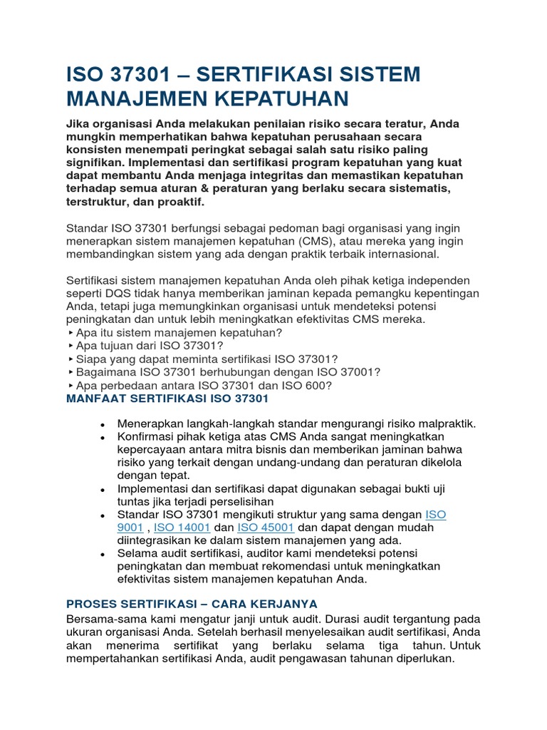 Sertifikasi ISO 37301 untuk Kepatuhan | PDF