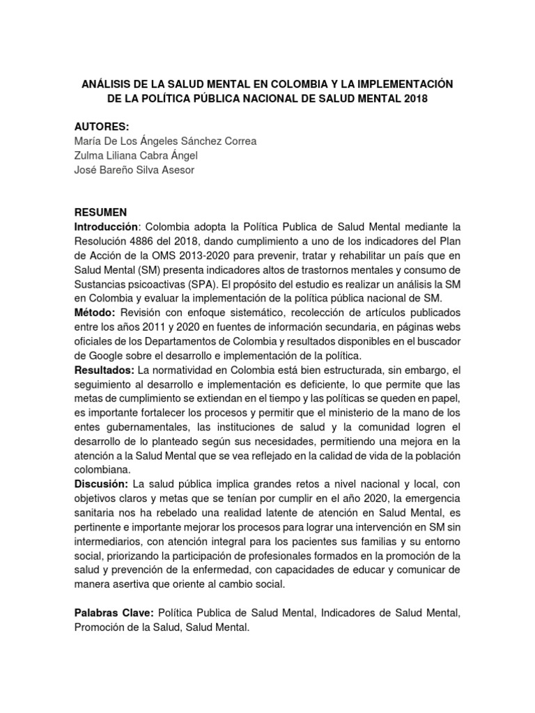 1análisis de La Salud Mental en Colombia - 2021 | PDF | Trastorno ...