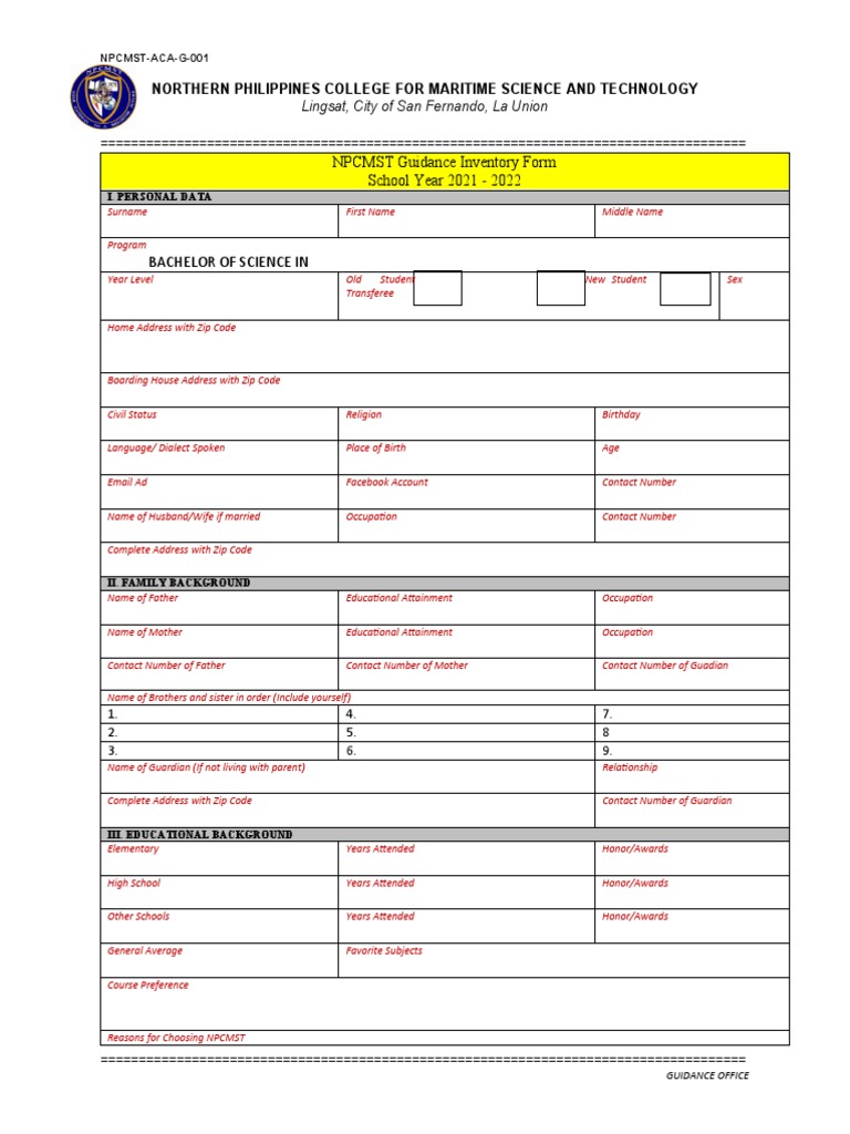 NPCMST Student Guidance Inventory Form | PDF